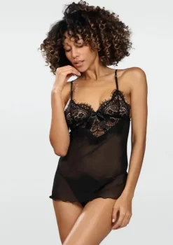 Dkaren Jovita Sheer Black Mesh and Floral Chemise Set