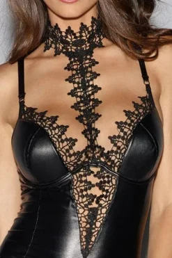 Dreamgirl Faux Leather Venetian Lace Teddy