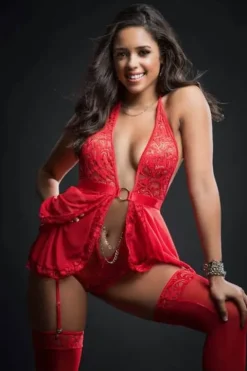 GWorld Red Babydoll Zip Crotch Teddy and Stockings